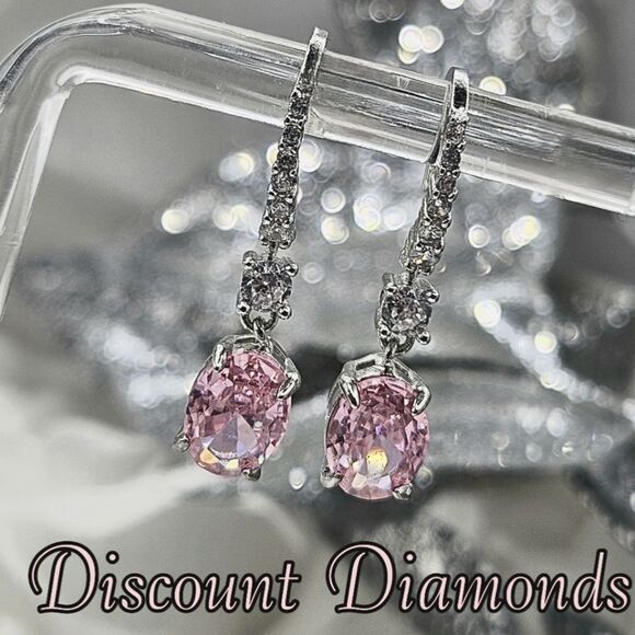 Oval Cut Pink Diamond Earrings with Clear White Baguette Diamond… - Picture 5 of 7